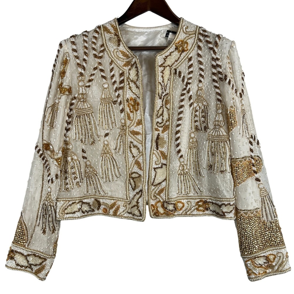 Vintage Niteline Della Roufogali Womens M Silk Beaded Tassel Evening Jacket Gold